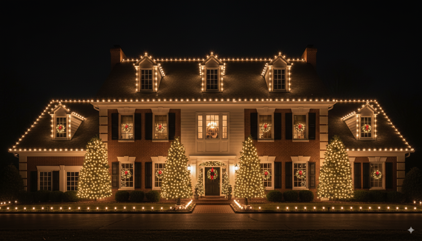 Professional Christmas light installation on elegant St Augustine home with warm white LED roofline lighting and festive holiday decorations